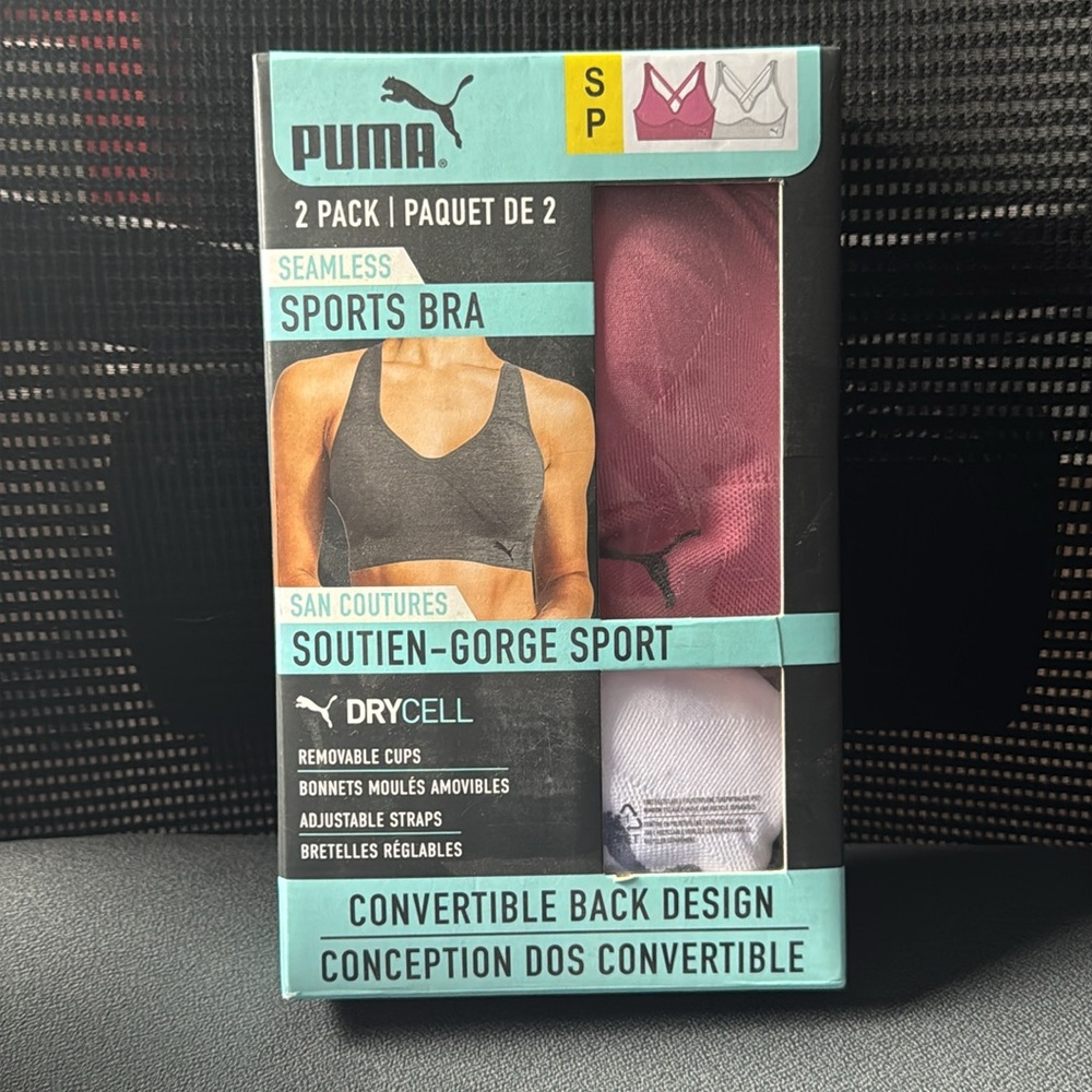 New! Puma 2 pack Seamless Sports Bras Pink White Convertible NWT Small